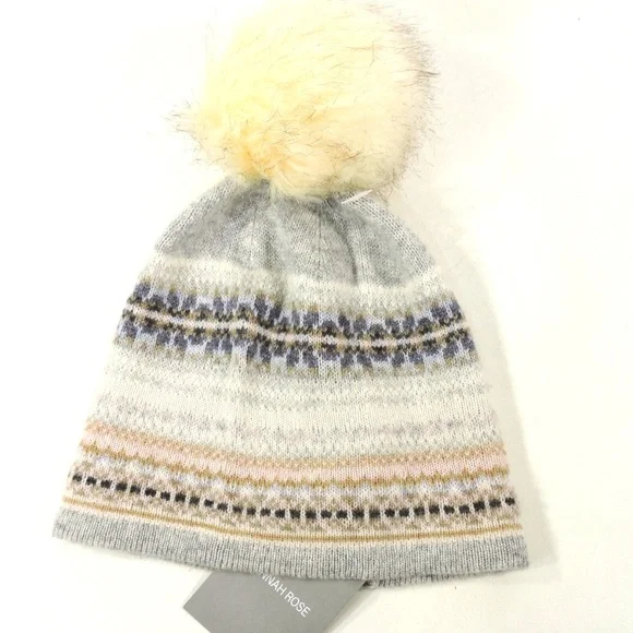 HANNAH ROSE ⚜ WOMEN'S GREY CASHMERE WINTER KNIT POMPOM HAT - Picture 2 of 3